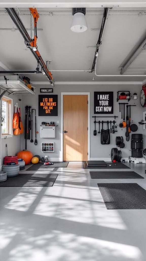 A functional home gym setup in a garage with exercise equipment, motivational posters, and rubber flooring.