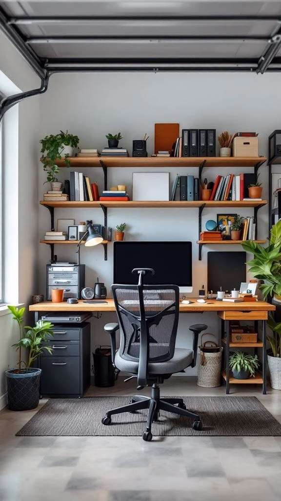 A functional home office setup in a garage with a desk, shelves, and plants.