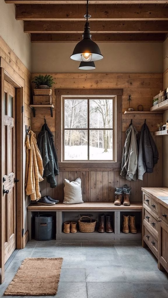 A cozy mudroom with a wooden bench, hooks for coats, and a window.