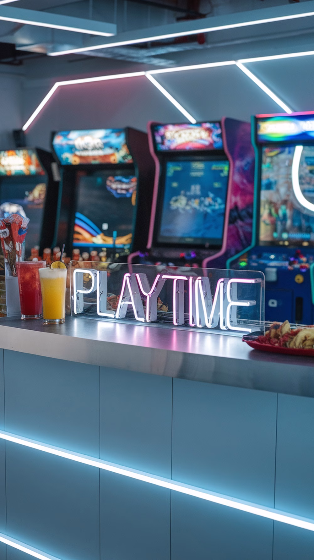 A modern bar with neon lights and arcade games in the background, featuring colorful drinks and a neon sign that says 'PLAYTIME'.