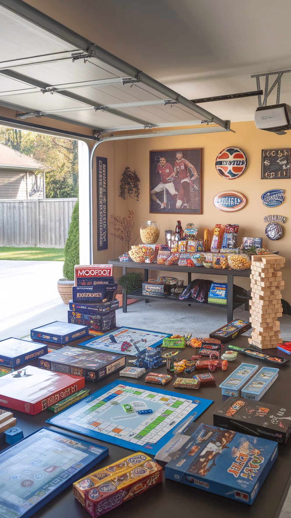 A garage setup for game night featuring various board games and a table filled with snacks.