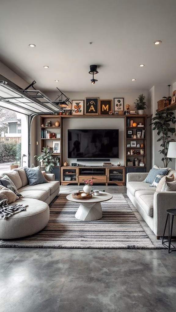 A stylish family room converted from a garage, featuring a large TV, cozy seating, and decorative elements.