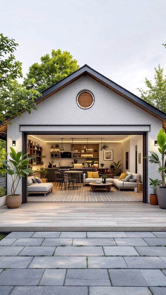 A modern garage living space with an outdoor deck, featuring cozy seating and a stylish kitchen.