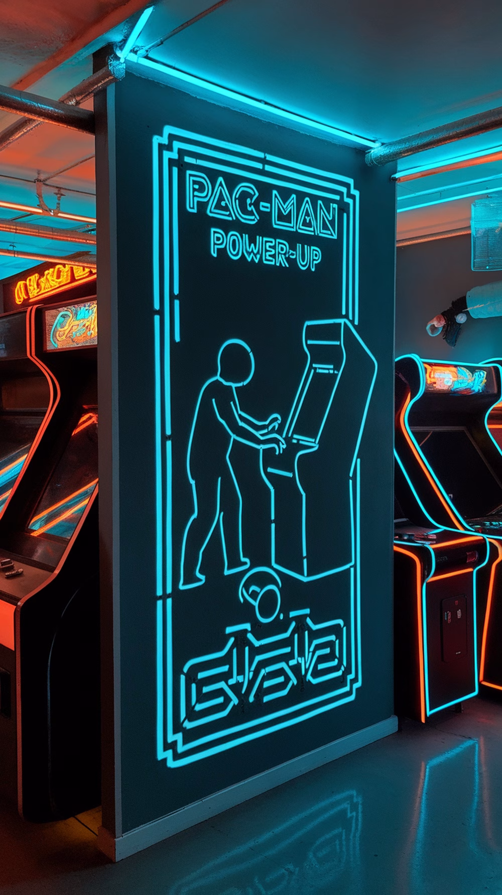 Glow-in-the-dark wall art featuring a Pac-Man design in a neon arcade game room.