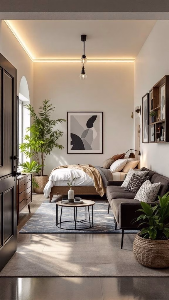A cozy guest suite featuring a bed, sofa, and plants, with a private entrance.