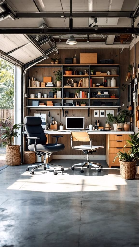 Stylish home office setup in a garage with a desk, chairs, and shelves filled with plants and books.