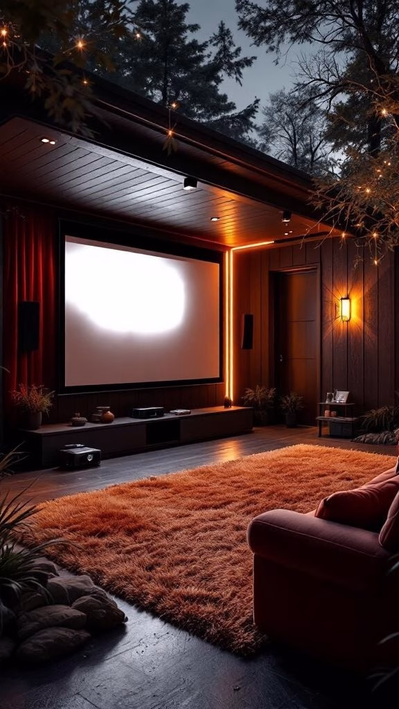 Cozy home theater setup in a garage with a large screen, warm lighting, and a plush rug.