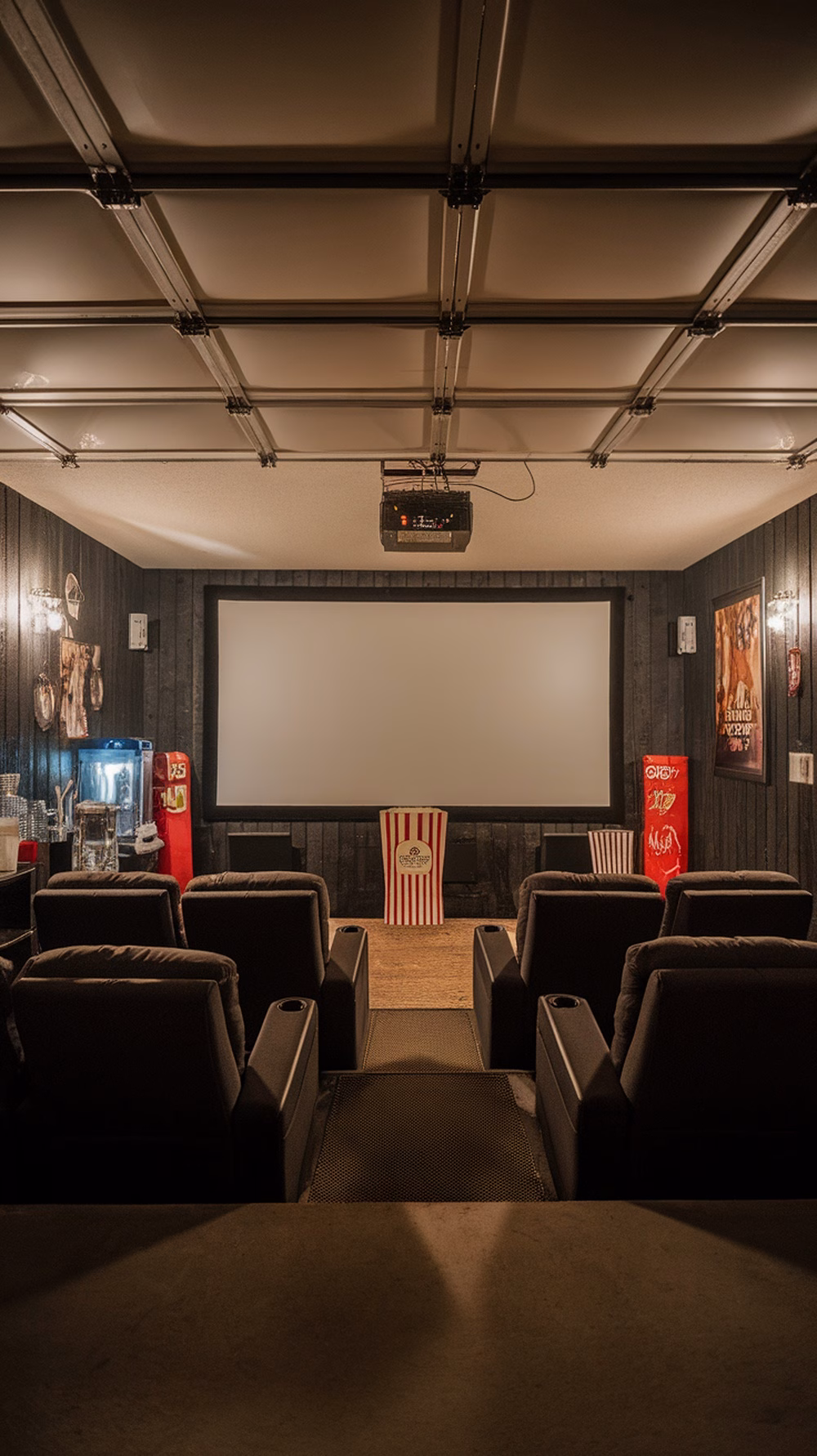 Cozy home theater setup in a garage with plush seating, a large screen, and a popcorn container.
