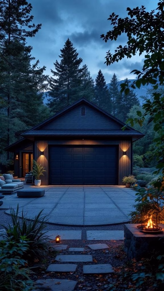 A modern garage with a spacious driveway, surrounded by trees and warm lighting, suggesting a cozy living space.