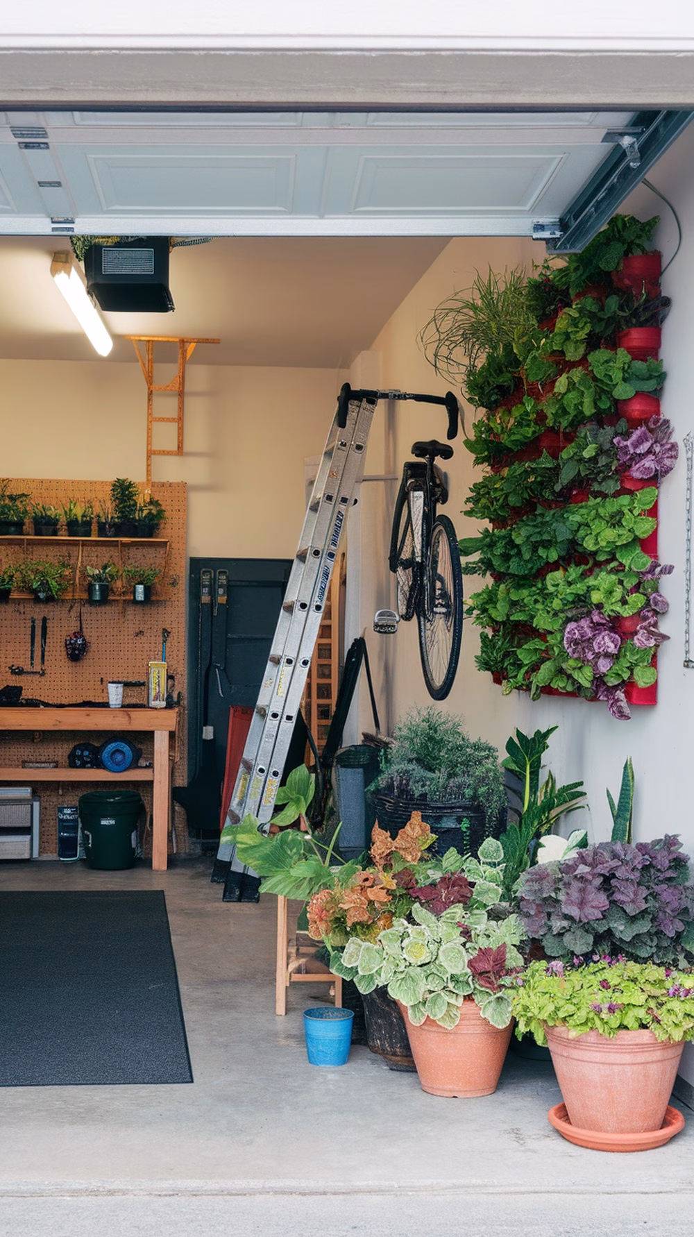 A garage featuring a vertical garden, potted plants, and a bike hanging on the wall.