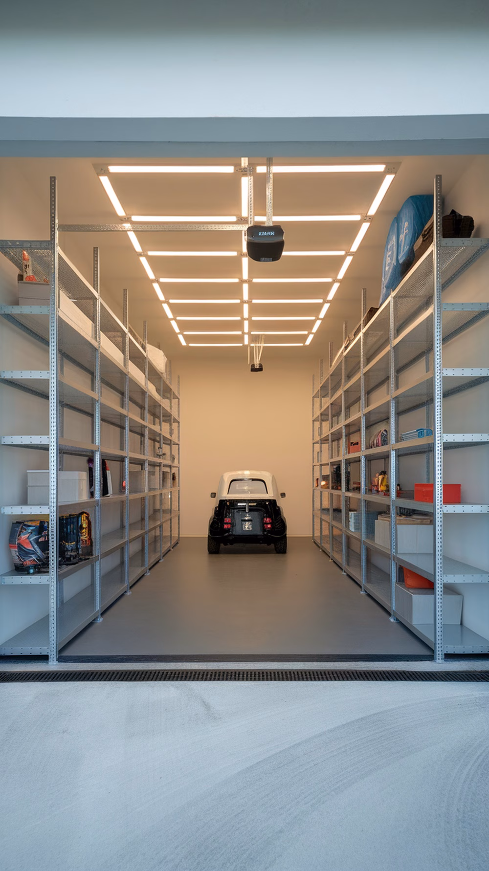 A modern garage with organized shelving and a vehicle, showcasing smart technology features.