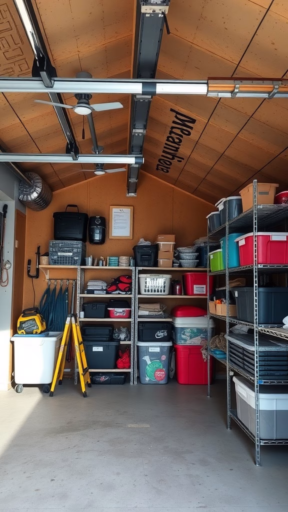 A well-organized garage attic with shelves and storage bins