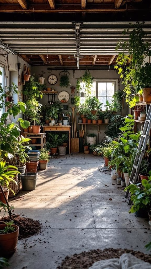 A garage transformed into an indoor garden with various plants and a workbench.