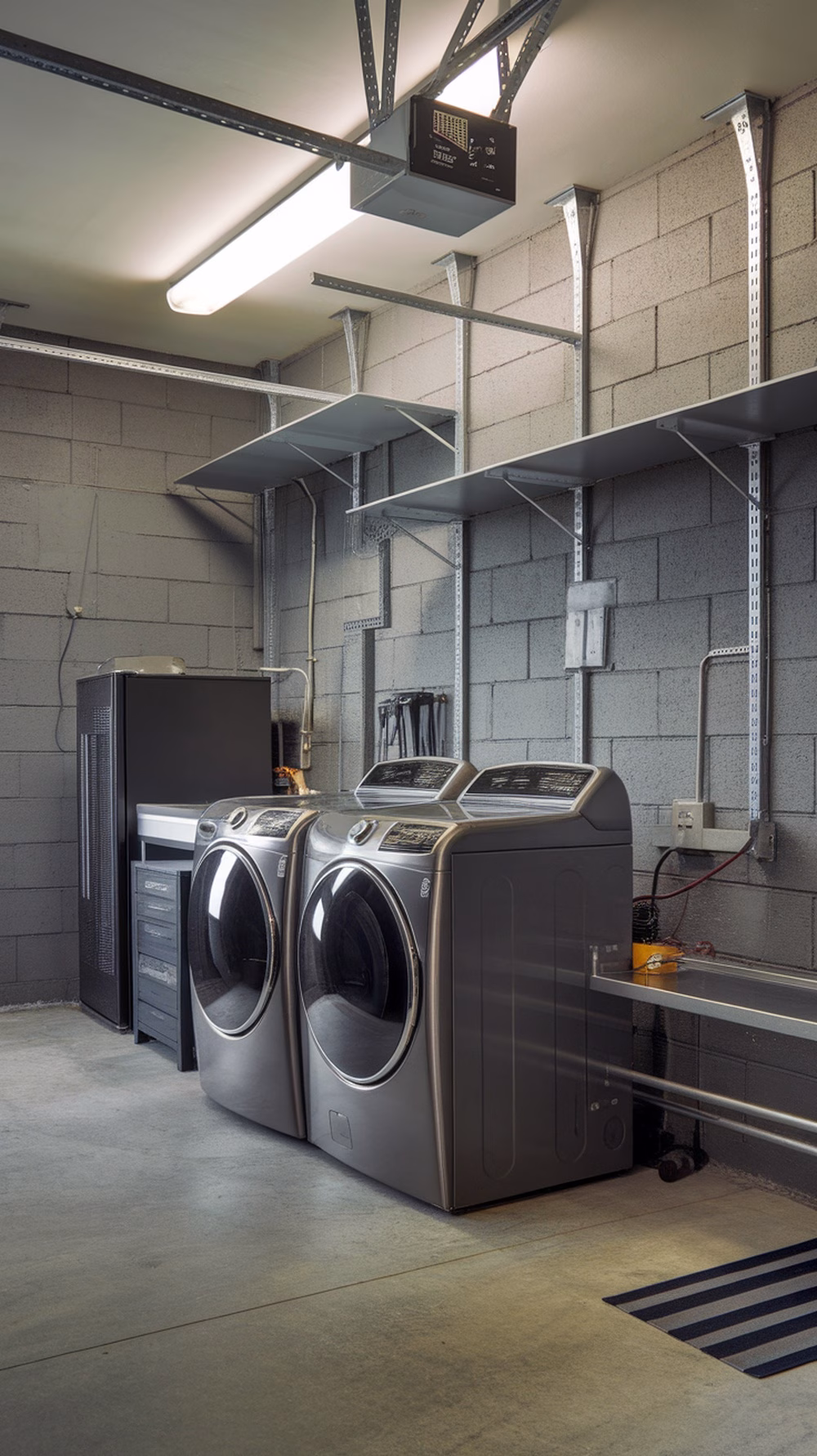 A modern garage laundry room featuring gray cinder block walls and stainless steel appliances.