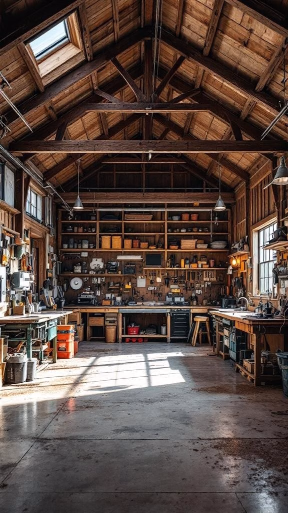 A spacious barn-style workshop with wooden beams and organized tools.