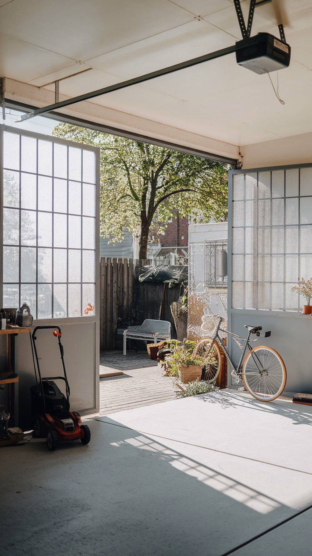 A spacious garage with open doors revealing a sunny outdoor area with plants and a bicycle.