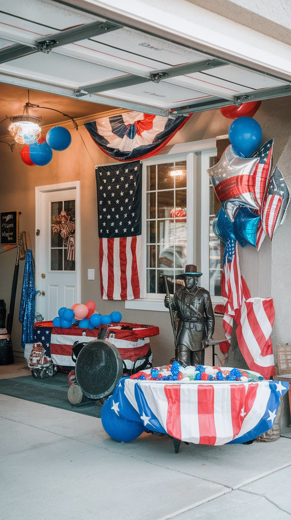 A decorated garage for a 4th of July party featuring balloons, flags, and a statue.