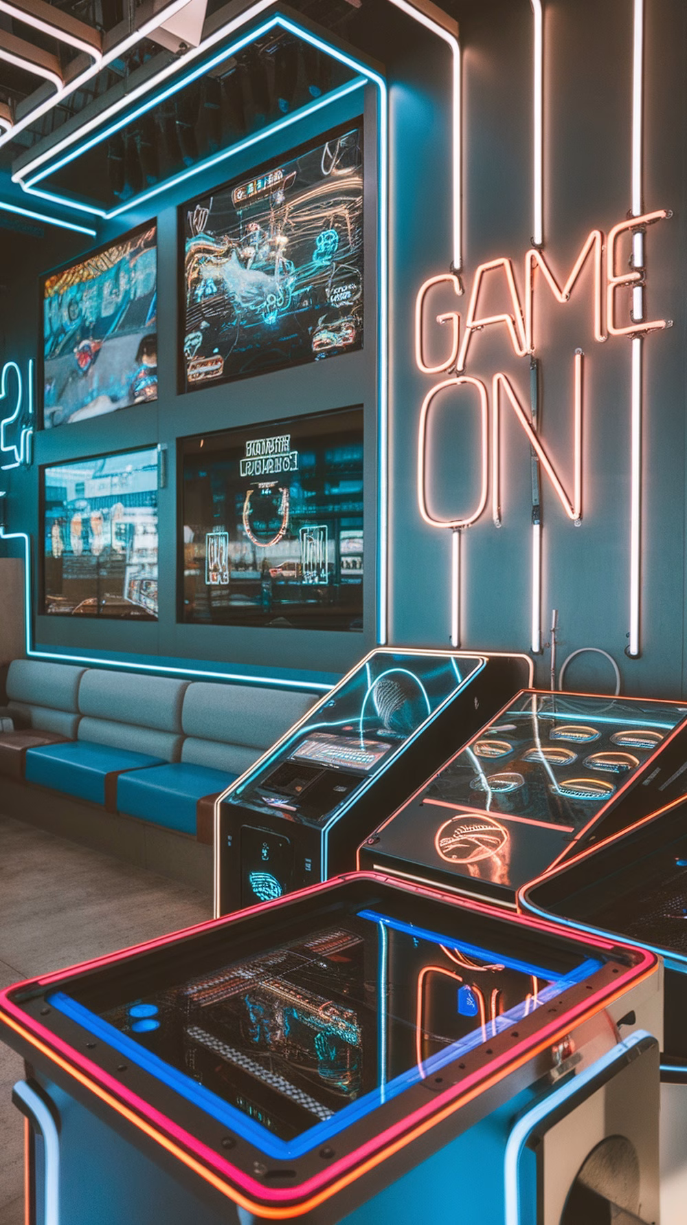 A vibrant arcade game room with interactive LED game stations and neon lights.