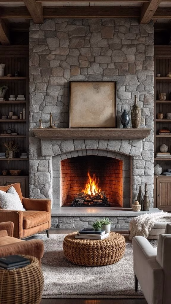 A cozy living room featuring a stone fireplace with a warm fire, surrounded by comfortable seating and decorative elements.