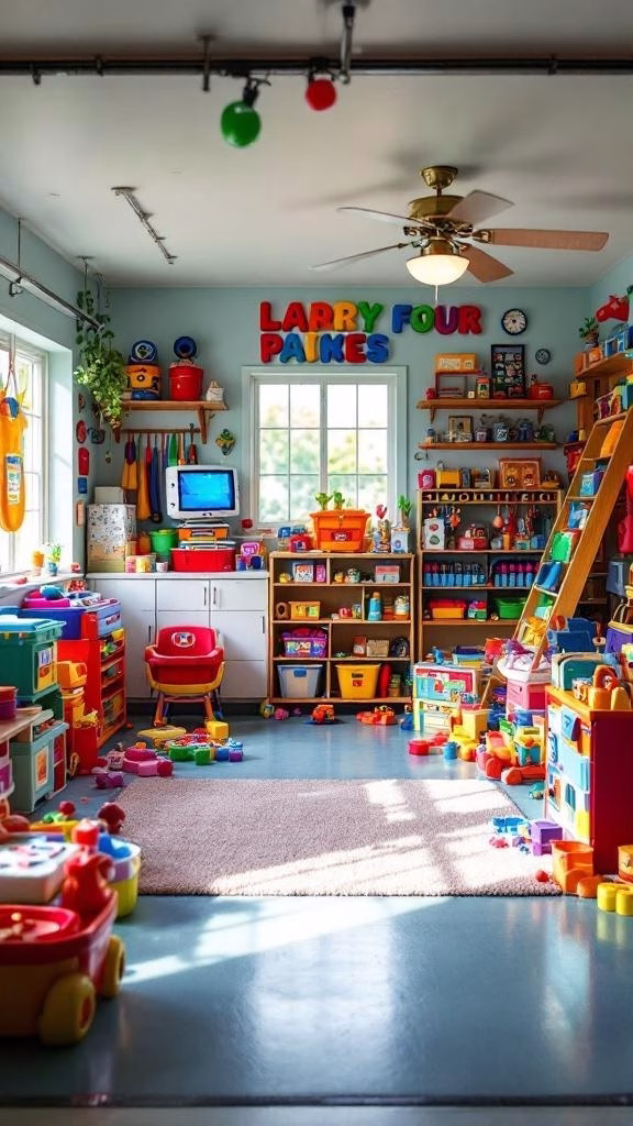 A colorful kids' playroom filled with toys, a cozy rug, and bright shelves.