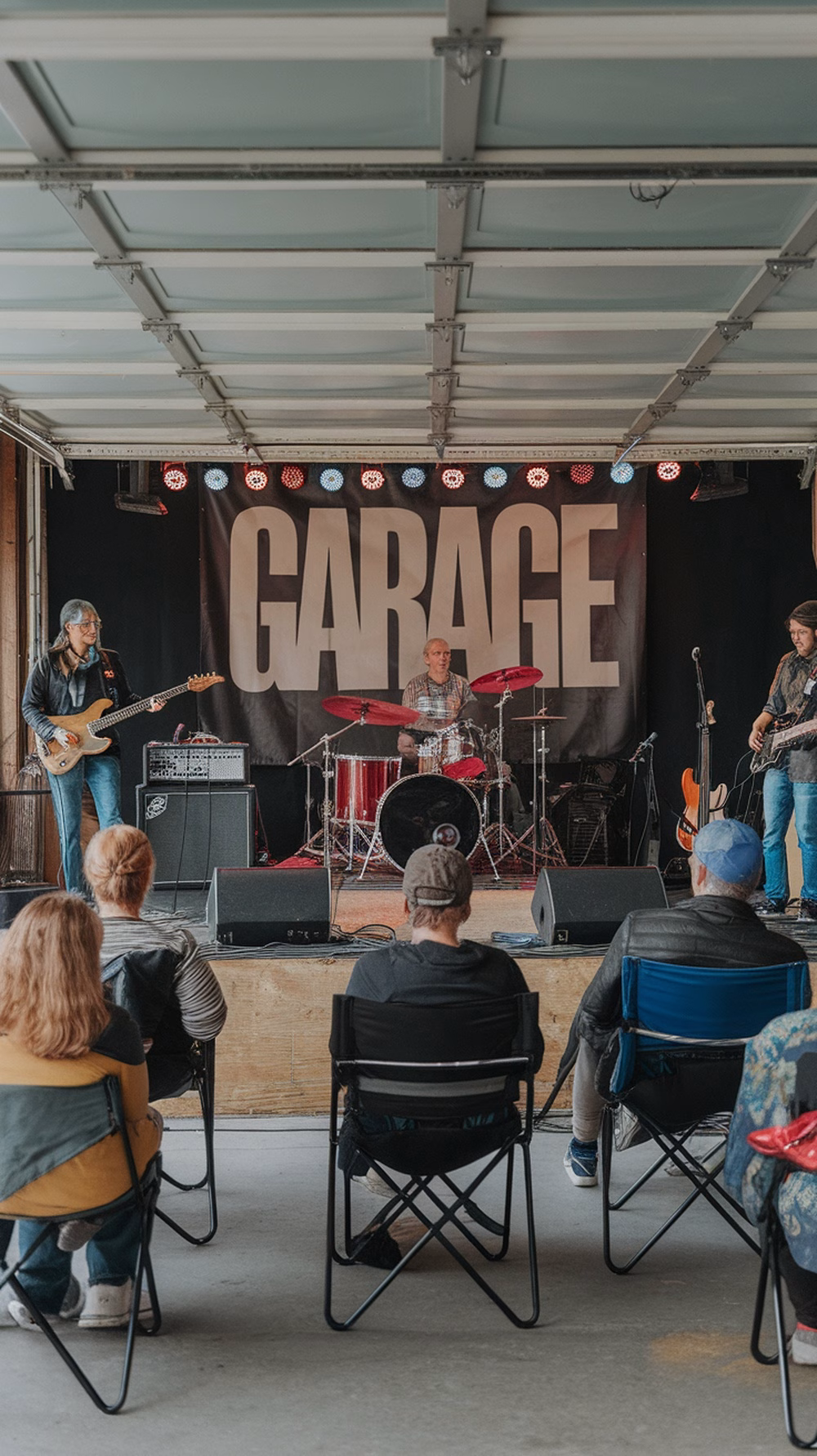 A band performing in a garage with an audience seated in front.