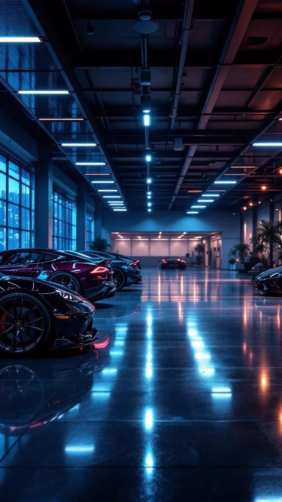 A luxury car garage featuring sleek cars and modern lighting.