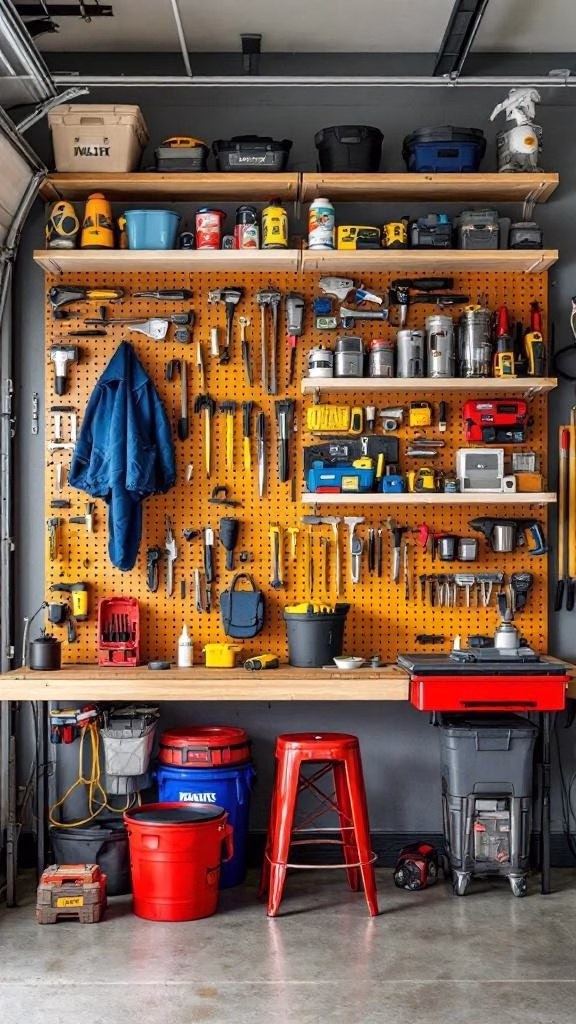 A well-organized garage with bikes hanging from the ceiling, tools on pegboards, and shelves storing bins.