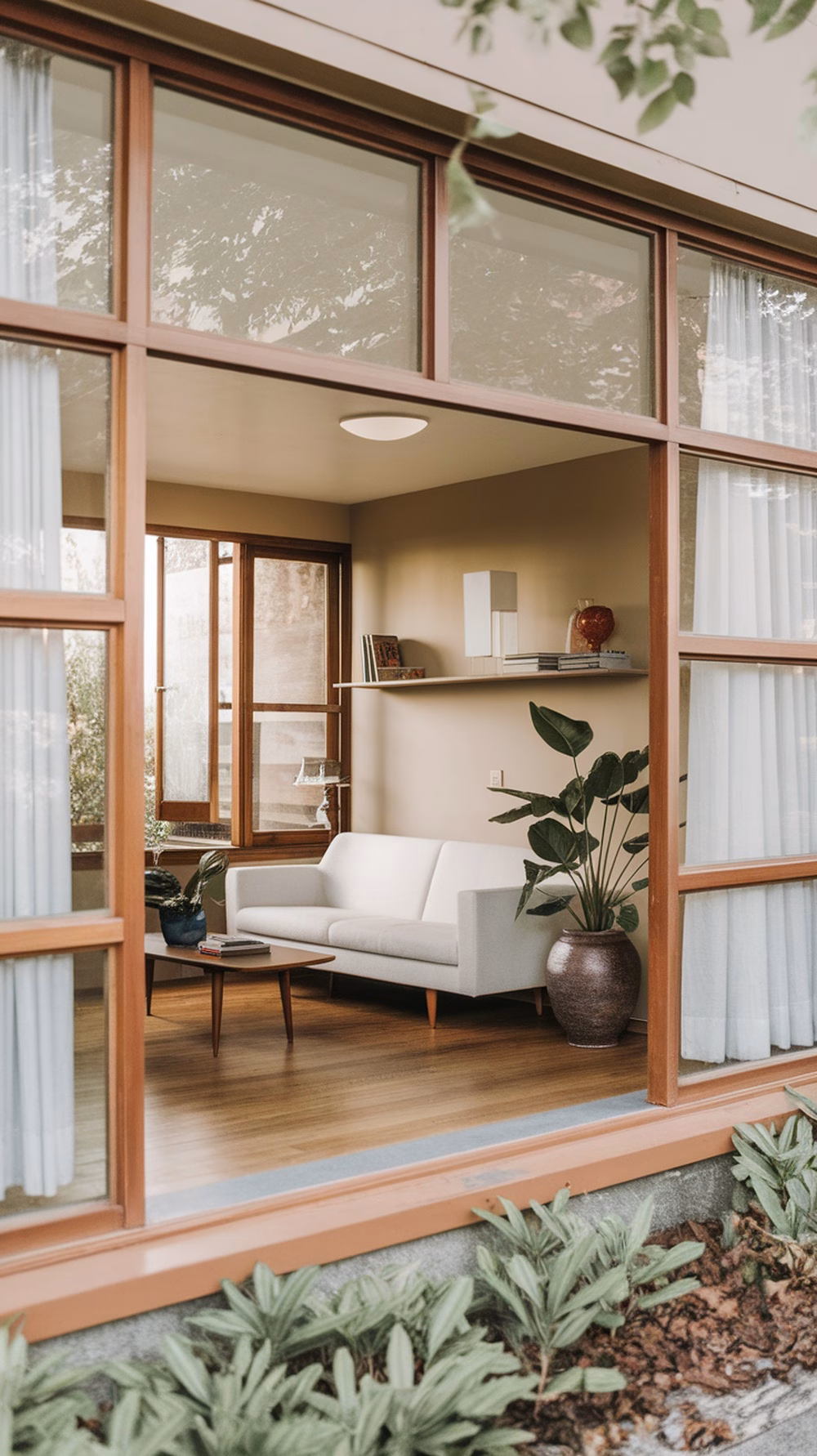 A mid-century modern styled garage apartment with large windows, a cozy sofa, and indoor plants.
