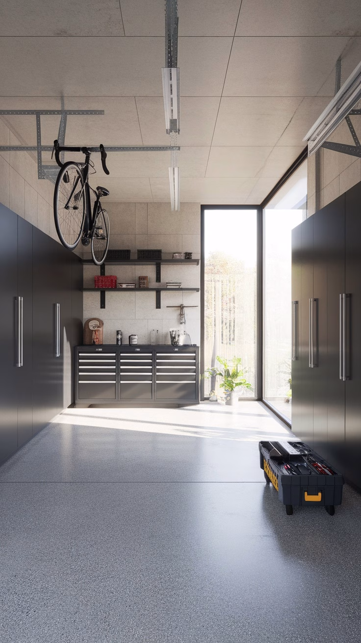 A modern minimalist garage with polished concrete floors, wall-mounted shelves, and large windows.