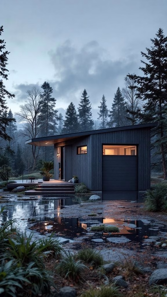 Modern tiny home attached to a garage in a natural setting