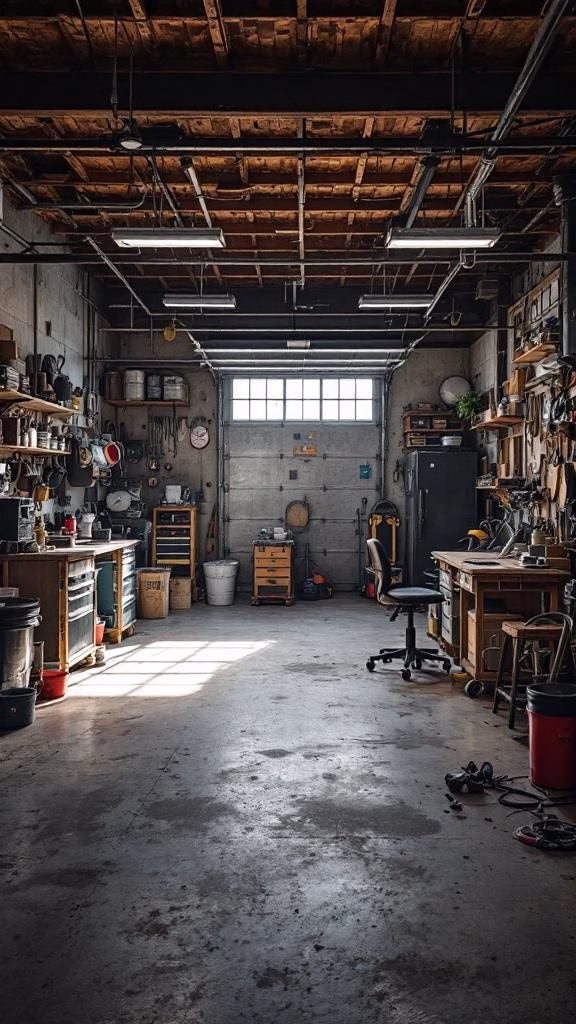 A well-organized garage with workbenches, tools, and natural light