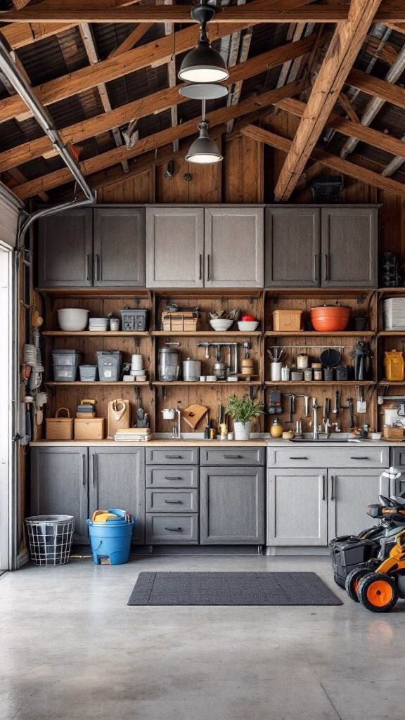 Interior of a barn-style garage with organized storage and tools.