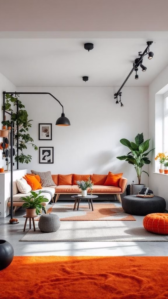A multifunctional garage gym and living area featuring a cozy orange sofa, plants, and vibrant rugs.
