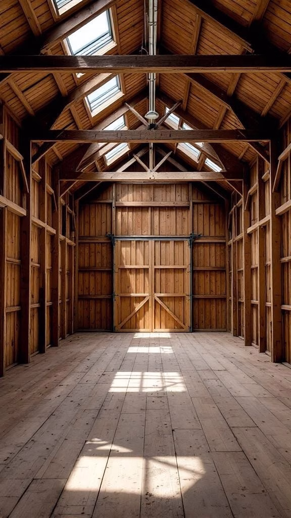 Interior of a barn-style garage with skylights and wooden beams