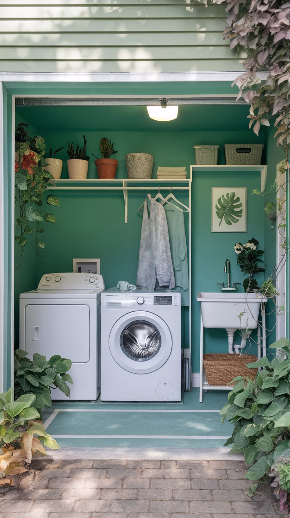 A garage laundry room with teal walls, white appliances, and potted plants.