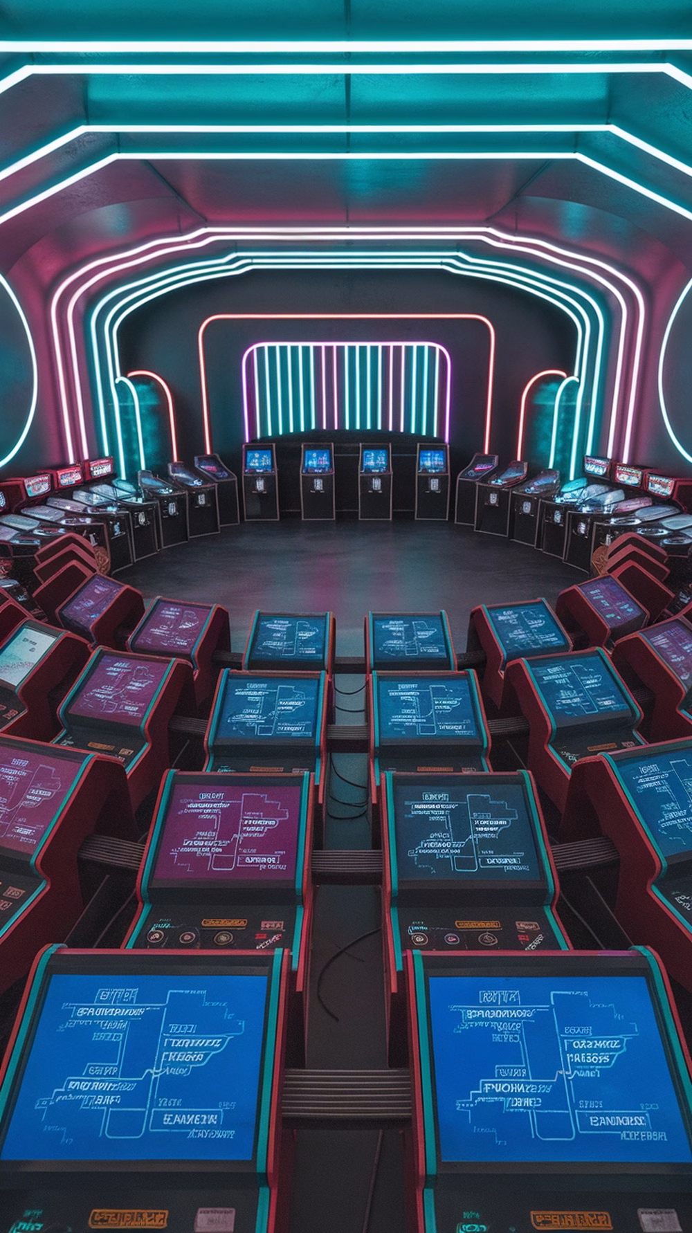 A vibrant neon arcade game room with multiple gaming stations and colorful lighting.