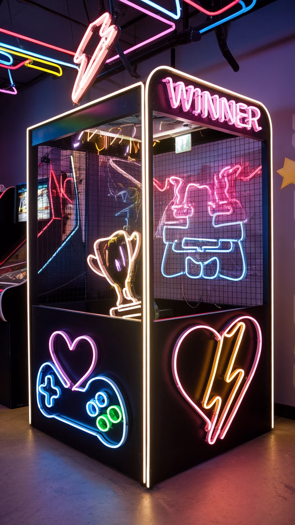 A neon photo booth designed for gamers, featuring colorful neon signs and gaming icons.