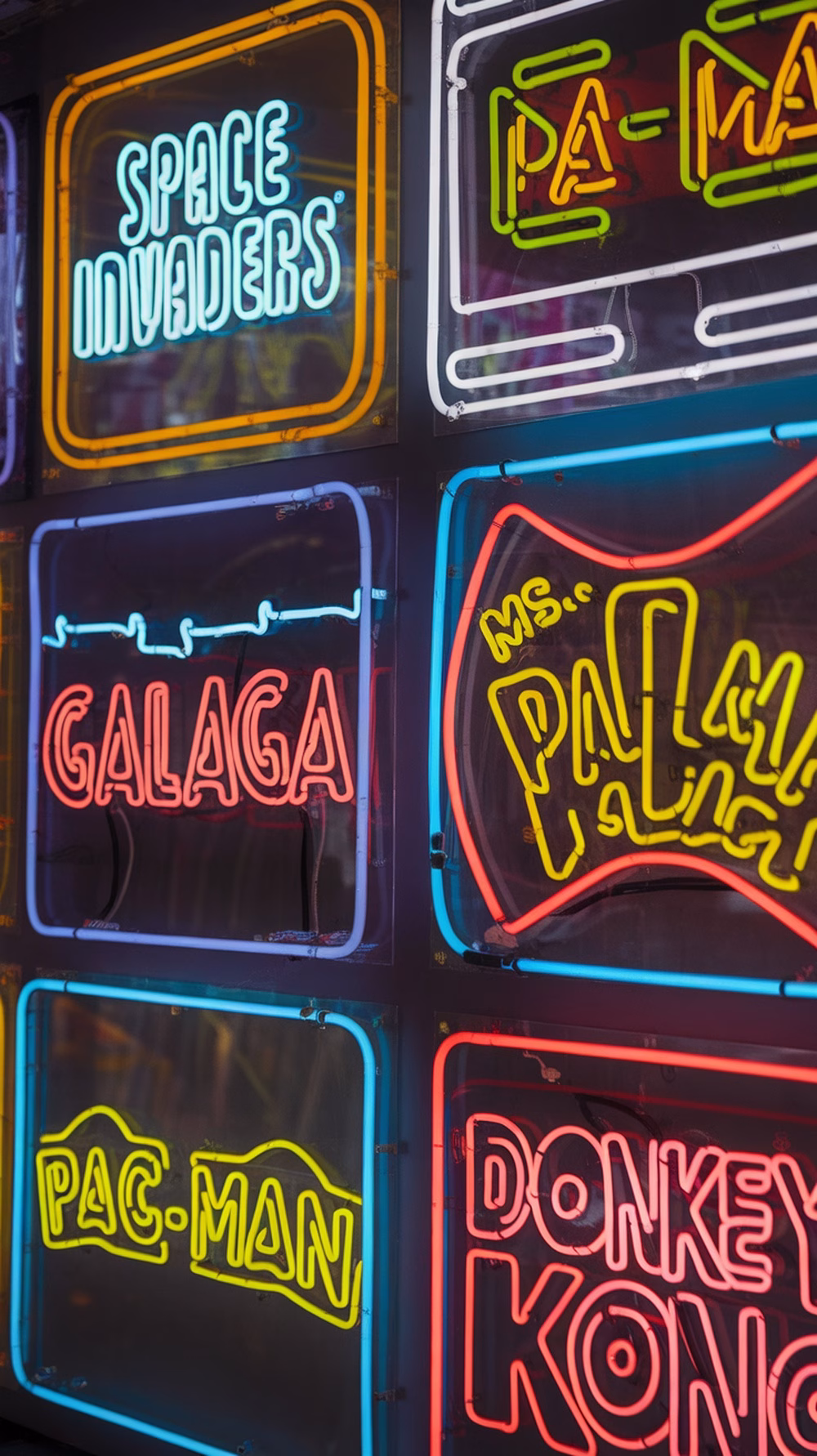 A collection of neon signs featuring classic arcade game titles like Space Invaders, Pac-Man, and Donkey Kong.