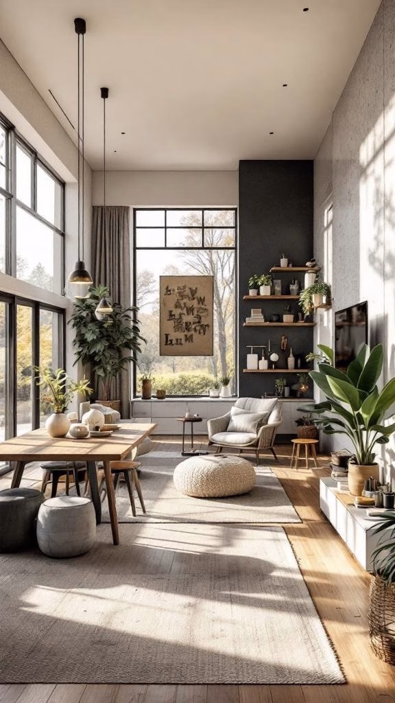 Open concept living space with large windows, modern furniture, and plants