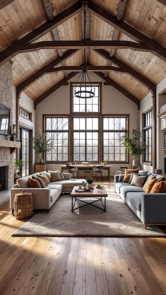 A spacious open concept living room in a barndominium with high ceilings, large windows, and cozy seating.