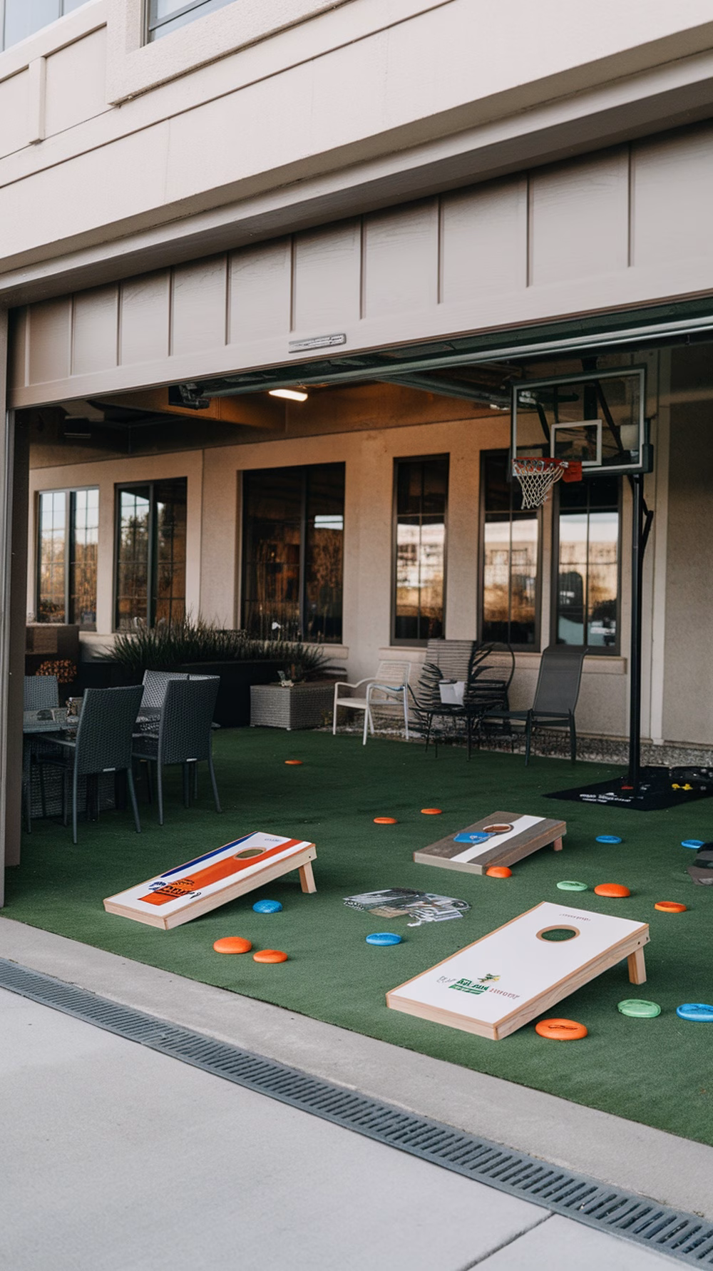 Outdoor games area featuring cornhole boards, frisbees, and a basketball hoop on green turf.
