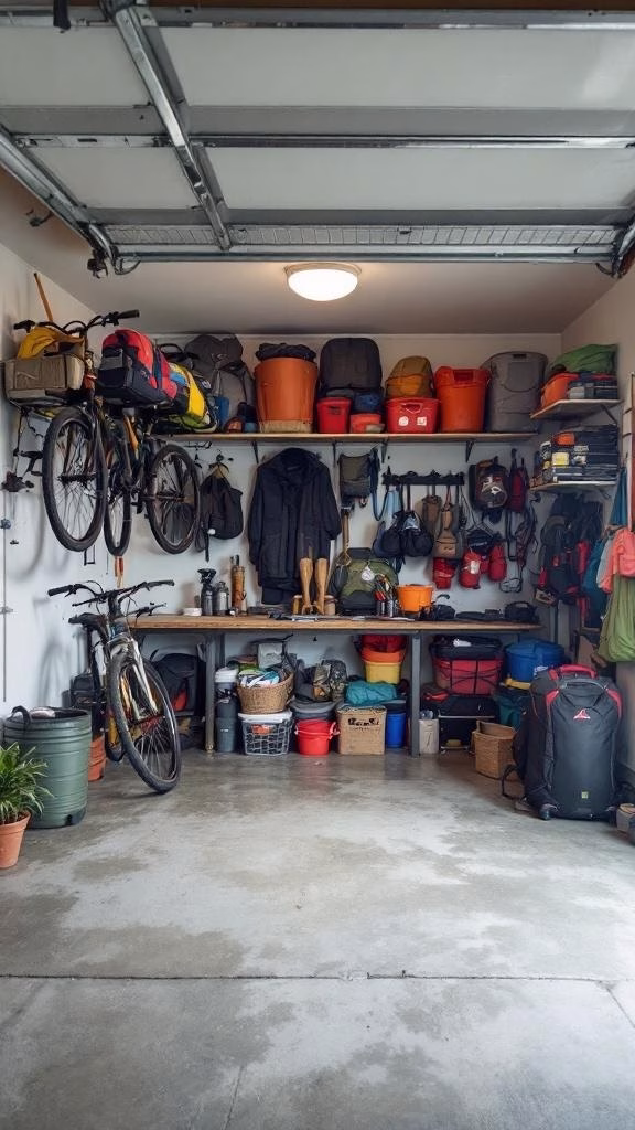 Organized garage with outdoor gear storage, featuring bikes, colorful bins, and shelves.