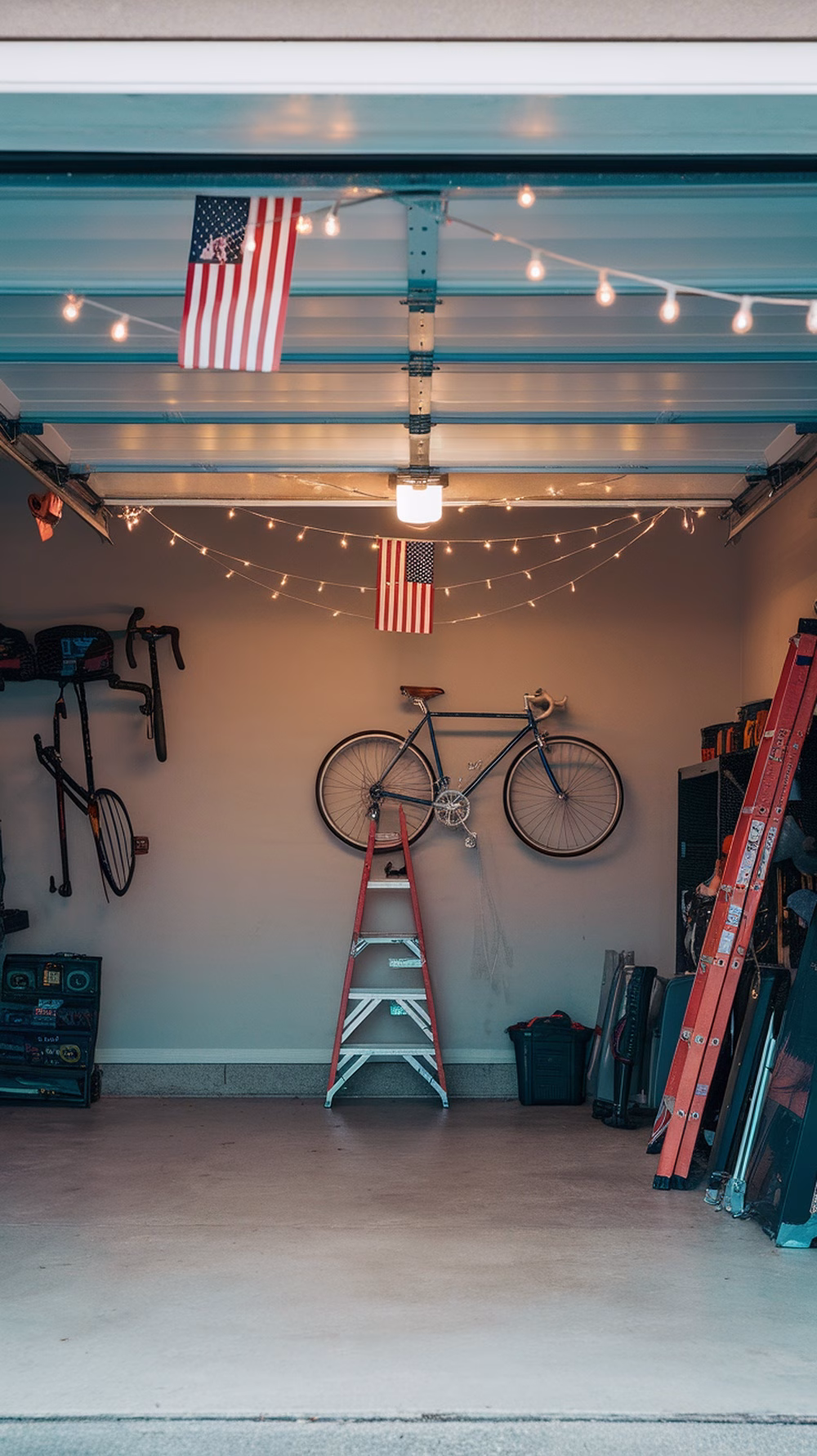A garage decorated with string lights and American flags for a 4th of July party.