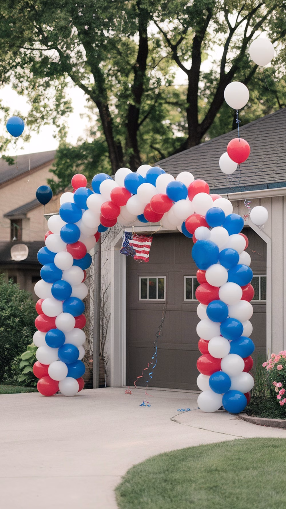 A colorful balloon arch in red, white, and blue, decorated with an American flag, set up at a garage for a 4th of July party.