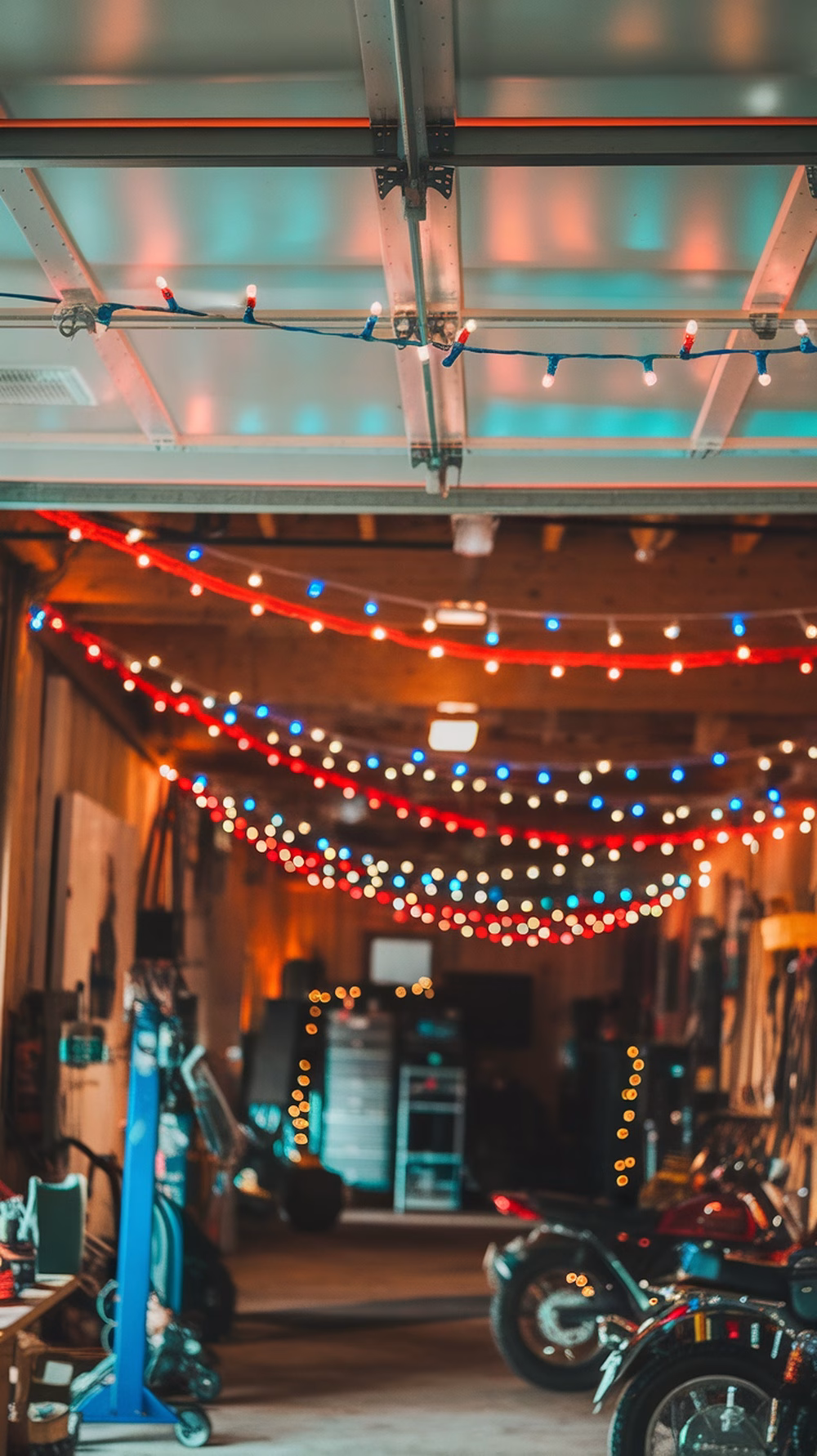 Colorful string lights in a garage, featuring red, white, and blue colors for a festive 4th of July celebration.