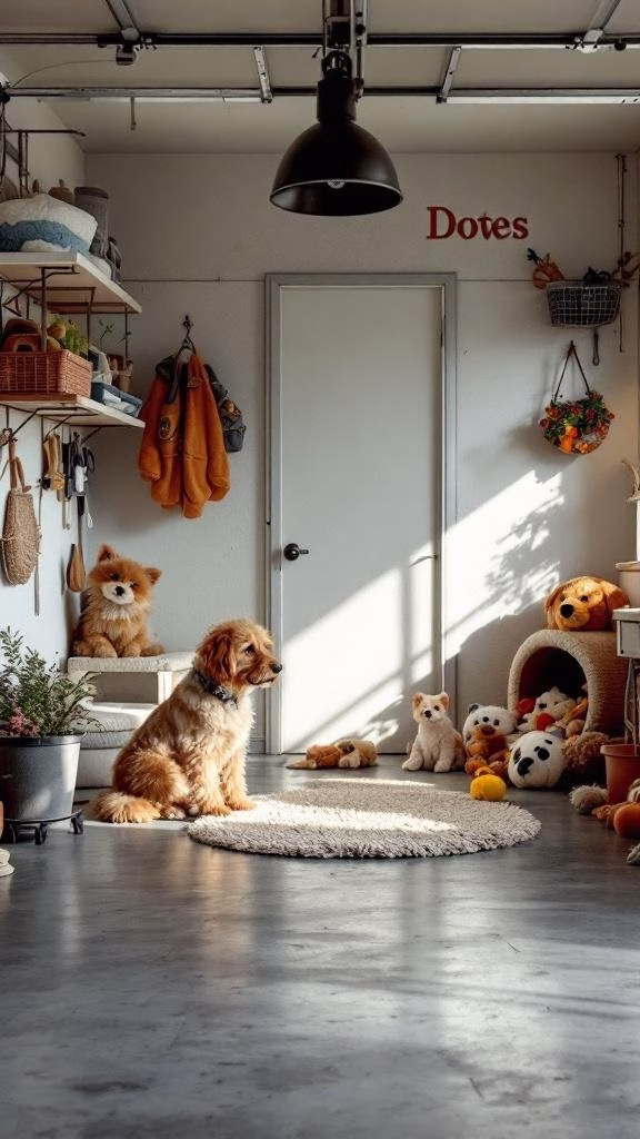 Cozy pet-friendly garage with a dog, stuffed animals, and organized pet supplies.