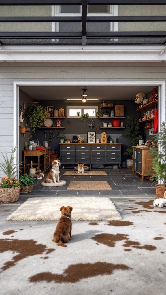 A cozy garage transformed into a pet play area with rugs, beds, and plants.
