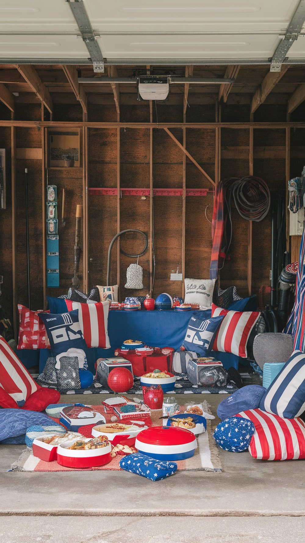 Cozy picnic setup in a garage with red, white, and blue cushions and snacks for a 4th of July party.