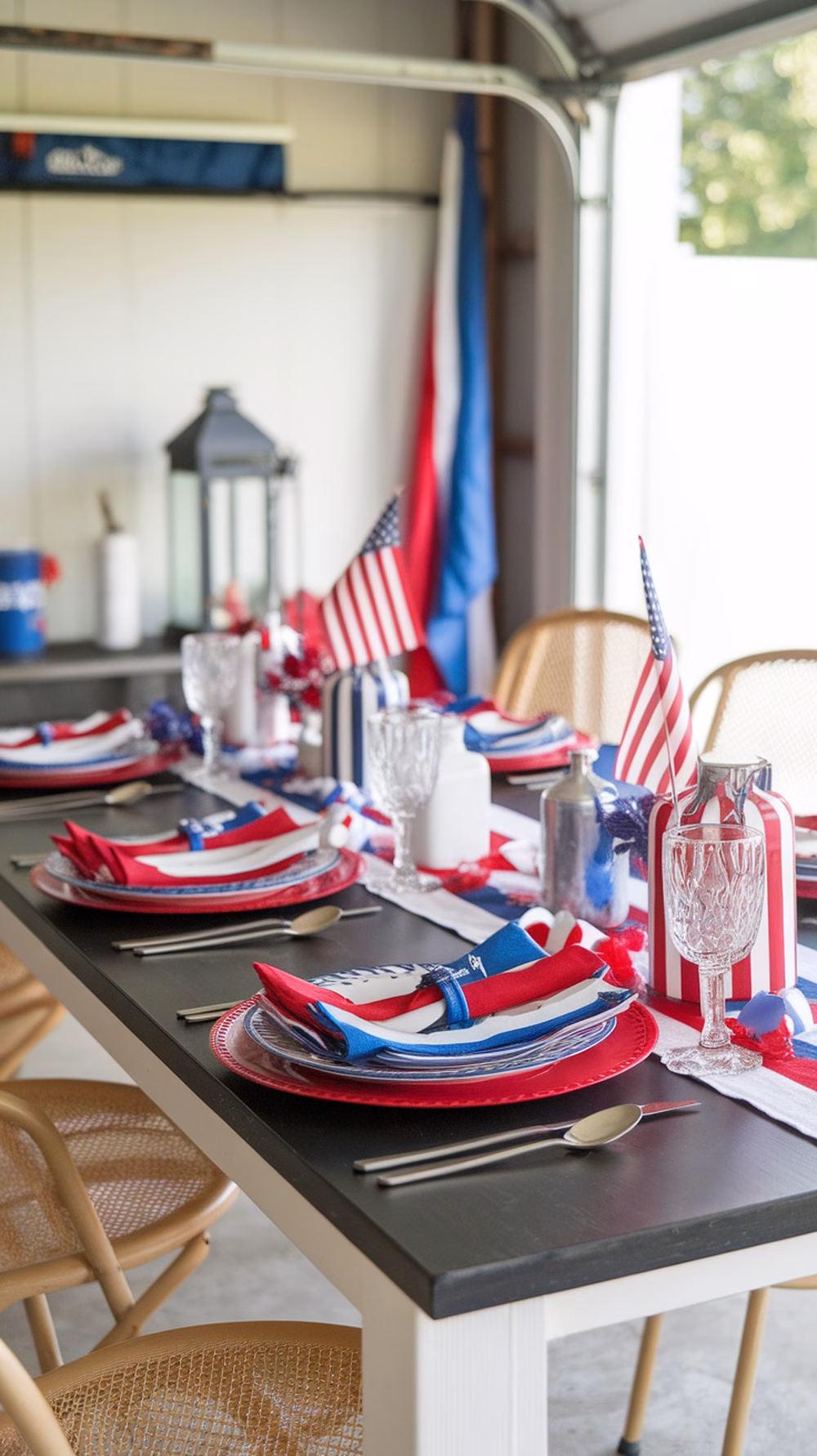 A festive table setting for a 4th of July party with red, white, and blue decorations.