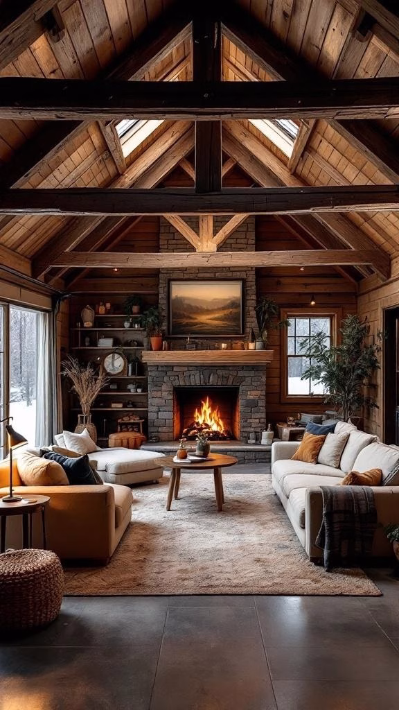 Cozy rustic cabin living space with wooden beams, a stone fireplace, and comfortable seating.